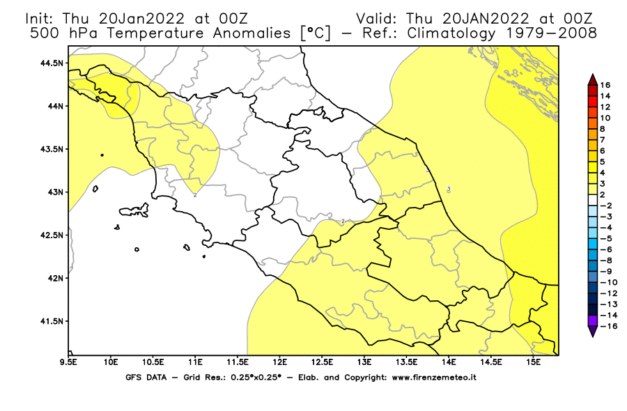 Mappa di analisi GFS - Anomalia Temperatura [°C] a 500 hPa in Centro-Italia
							del 20/01/2022 00 <!--googleoff: index-->UTC<!--googleon: index-->
