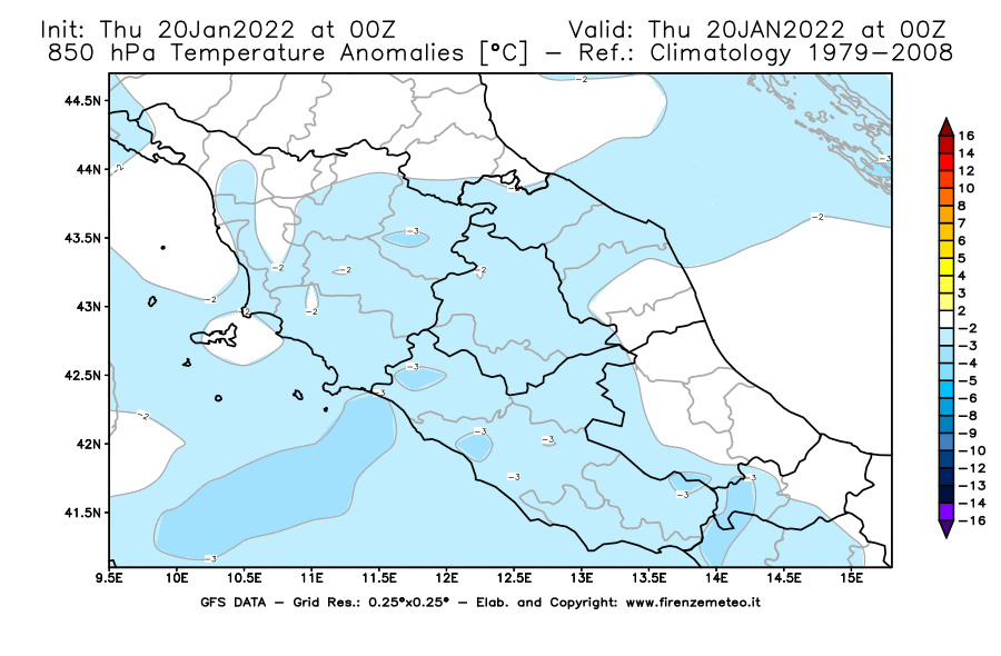 Mappa di analisi GFS - Anomalia Temperatura [°C] a 850 hPa in Centro-Italia
							del 20/01/2022 00 <!--googleoff: index-->UTC<!--googleon: index-->