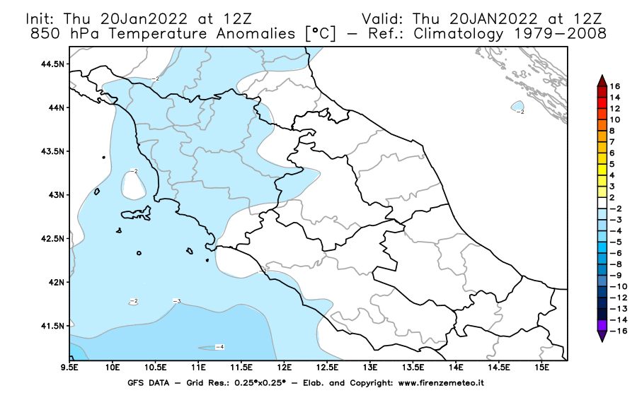 Mappa di analisi GFS - Anomalia Temperatura [°C] a 850 hPa in Centro-Italia
							del 20/01/2022 12 <!--googleoff: index-->UTC<!--googleon: index-->