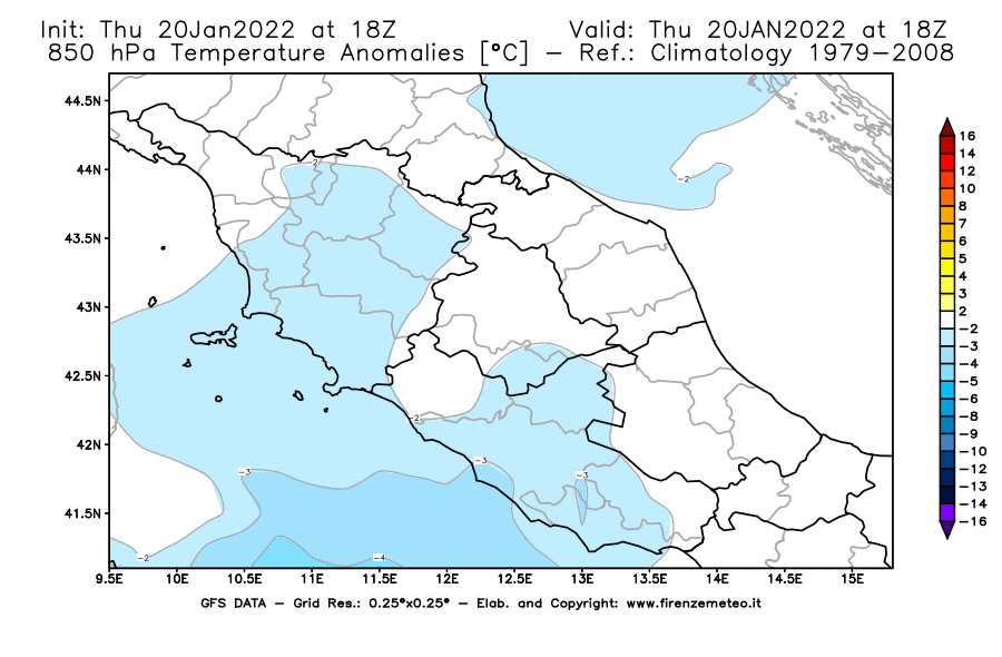Mappa di analisi GFS - Anomalia Temperatura [°C] a 850 hPa in Centro-Italia
							del 20/01/2022 18 <!--googleoff: index-->UTC<!--googleon: index-->