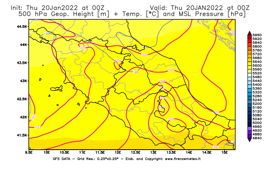 Mappa di analisi GFS - Geopotenziale [m] + Temp. [°C] a 500 hPa + Press. a livello del mare [hPa] in Centro-Italia
							del 20/01/2022 00 <!--googleoff: index-->UTC<!--googleon: index-->