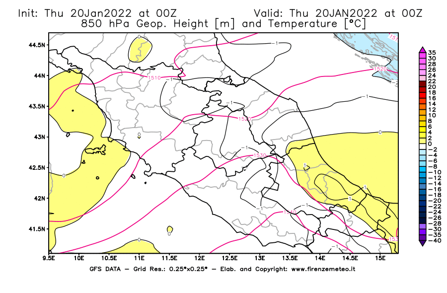 Mappa di analisi GFS - Geopotenziale [m] e Temperatura [°C] a 850 hPa in Centro-Italia
							del 20/01/2022 00 <!--googleoff: index-->UTC<!--googleon: index-->