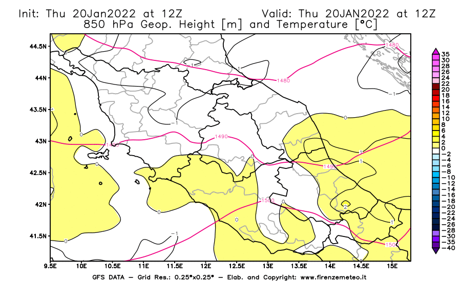 Mappa di analisi GFS - Geopotenziale [m] e Temperatura [°C] a 850 hPa in Centro-Italia
							del 20/01/2022 12 <!--googleoff: index-->UTC<!--googleon: index-->