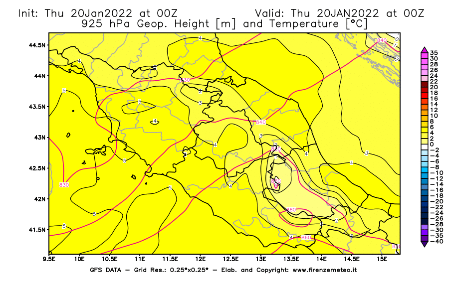 Mappa di analisi GFS - Geopotenziale [m] e Temperatura [°C] a 925 hPa in Centro-Italia
							del 20/01/2022 00 <!--googleoff: index-->UTC<!--googleon: index-->