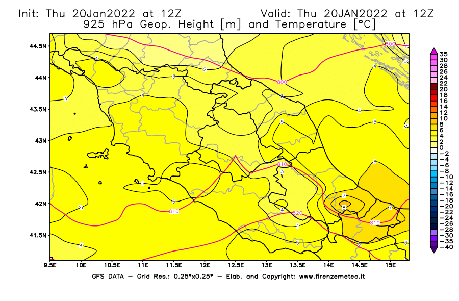 Mappa di analisi GFS - Geopotenziale [m] e Temperatura [°C] a 925 hPa in Centro-Italia
							del 20/01/2022 12 <!--googleoff: index-->UTC<!--googleon: index-->