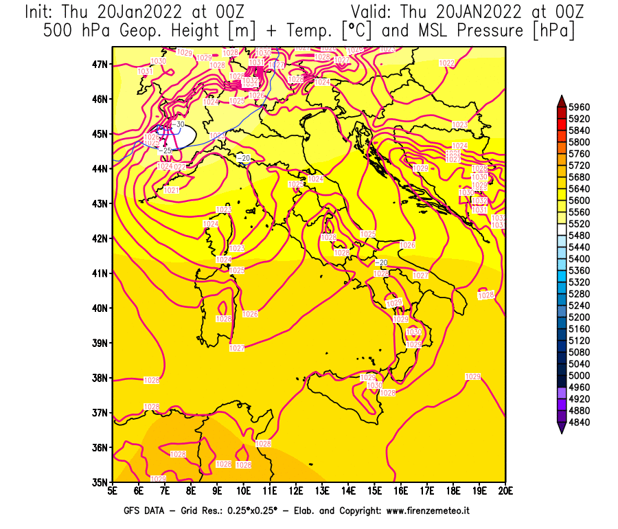 Mappa di analisi GFS - Geopotenziale [m] + Temp. [°C] a 500 hPa + Press. a livello del mare [hPa] in Italia
							del 20/01/2022 00 <!--googleoff: index-->UTC<!--googleon: index-->