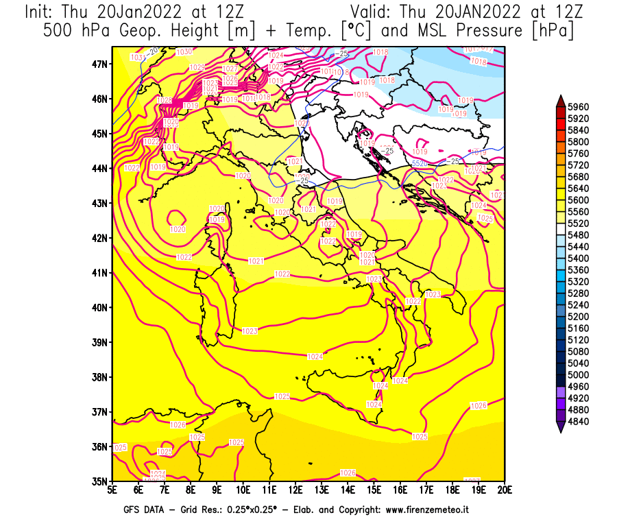 Mappa di analisi GFS - Geopotenziale [m] + Temp. [°C] a 500 hPa + Press. a livello del mare [hPa] in Italia
							del 20/01/2022 12 <!--googleoff: index-->UTC<!--googleon: index-->