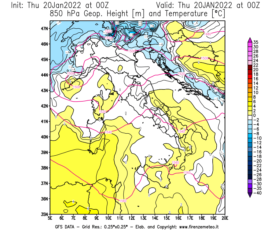 Mappa di analisi GFS - Geopotenziale [m] e Temperatura [°C] a 850 hPa in Italia
							del 20/01/2022 00 <!--googleoff: index-->UTC<!--googleon: index-->