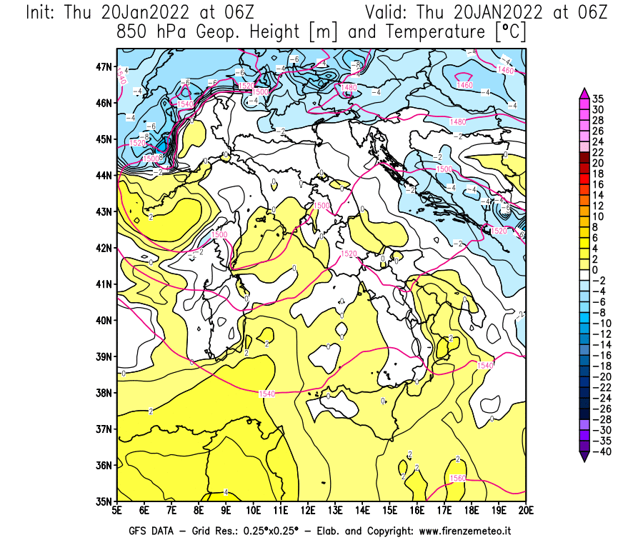Mappa di analisi GFS - Geopotenziale [m] e Temperatura [°C] a 850 hPa in Italia
							del 20/01/2022 06 <!--googleoff: index-->UTC<!--googleon: index-->
