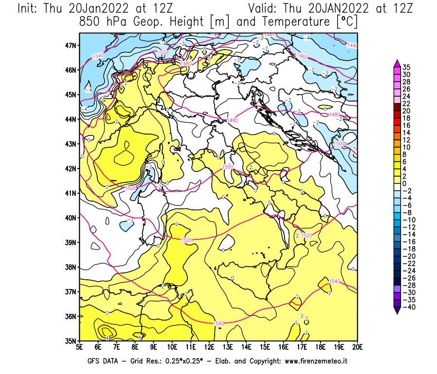 Mappa di analisi GFS - Geopotenziale [m] e Temperatura [°C] a 850 hPa in Italia
							del 20/01/2022 12 <!--googleoff: index-->UTC<!--googleon: index-->