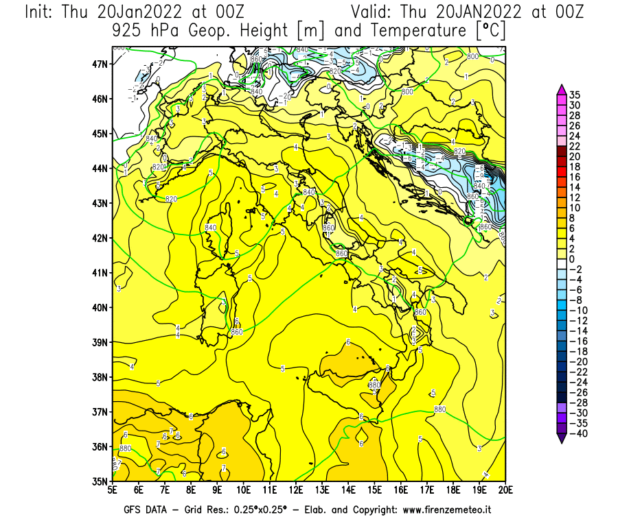 Mappa di analisi GFS - Geopotenziale [m] e Temperatura [°C] a 925 hPa in Italia
							del 20/01/2022 00 <!--googleoff: index-->UTC<!--googleon: index-->