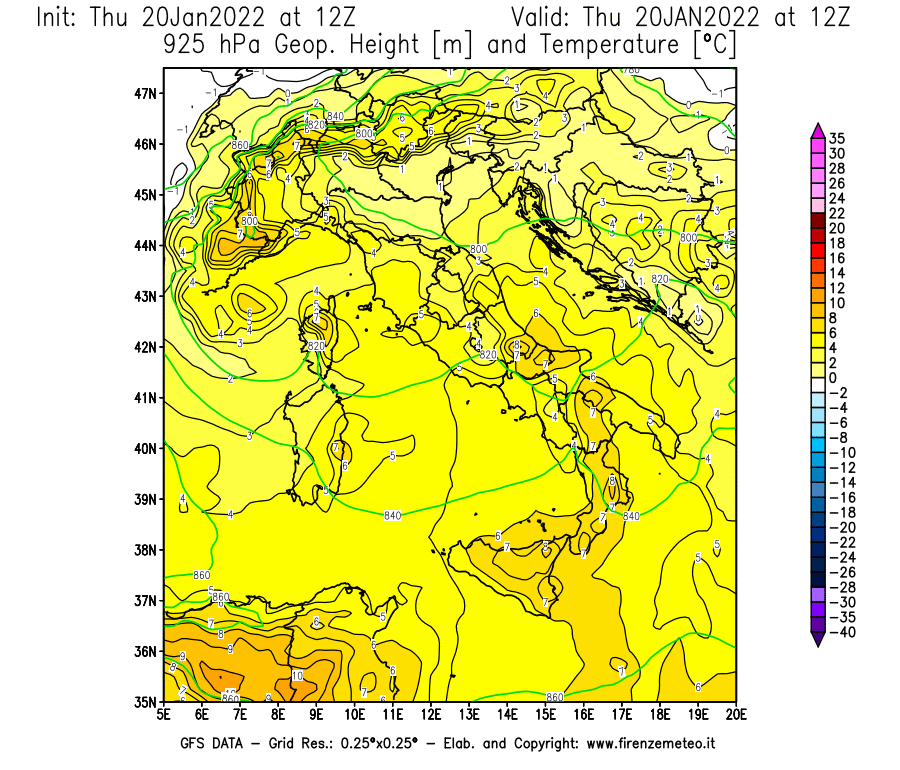 Mappa di analisi GFS - Geopotenziale [m] e Temperatura [°C] a 925 hPa in Italia
							del 20/01/2022 12 <!--googleoff: index-->UTC<!--googleon: index-->