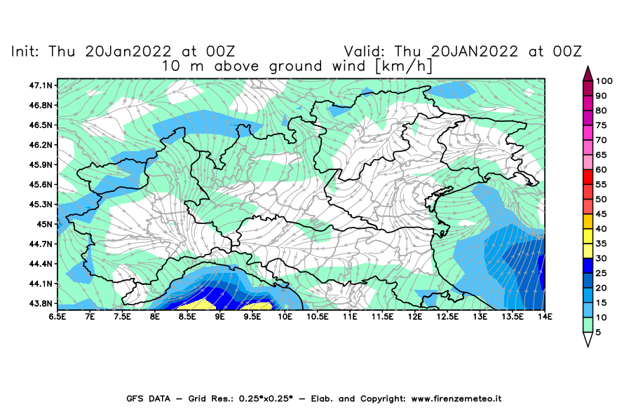 Mappa di analisi GFS - Velocità del vento a 10 metri dal suolo [km/h] in Nord-Italia
							del 20/01/2022 00 <!--googleoff: index-->UTC<!--googleon: index-->