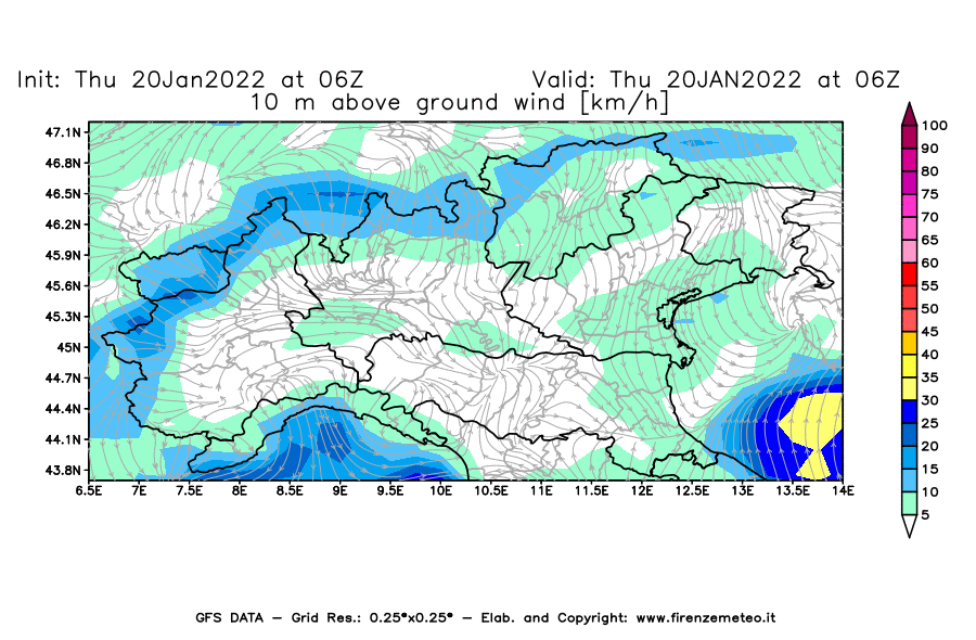 Mappa di analisi GFS - Velocità del vento a 10 metri dal suolo [km/h] in Nord-Italia
							del 20/01/2022 06 <!--googleoff: index-->UTC<!--googleon: index-->