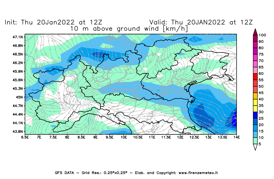 Mappa di analisi GFS - Velocità del vento a 10 metri dal suolo [km/h] in Nord-Italia
							del 20/01/2022 12 <!--googleoff: index-->UTC<!--googleon: index-->
