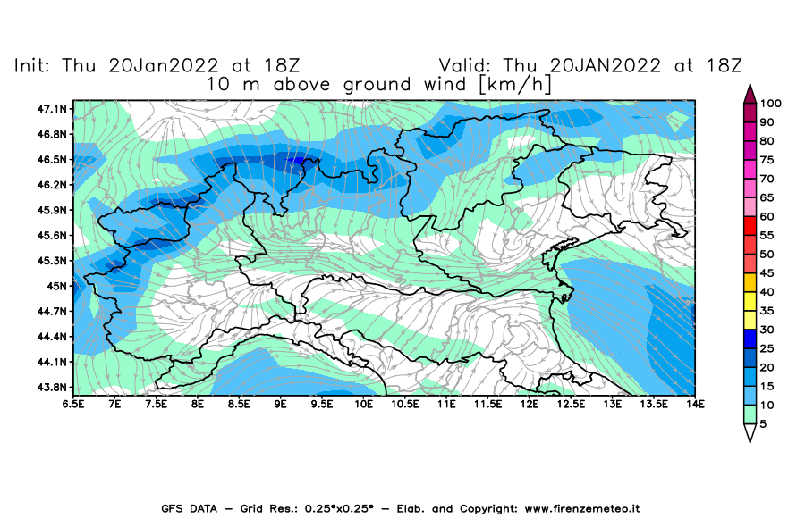 Mappa di analisi GFS - Velocità del vento a 10 metri dal suolo [km/h] in Nord-Italia
							del 20/01/2022 18 <!--googleoff: index-->UTC<!--googleon: index-->