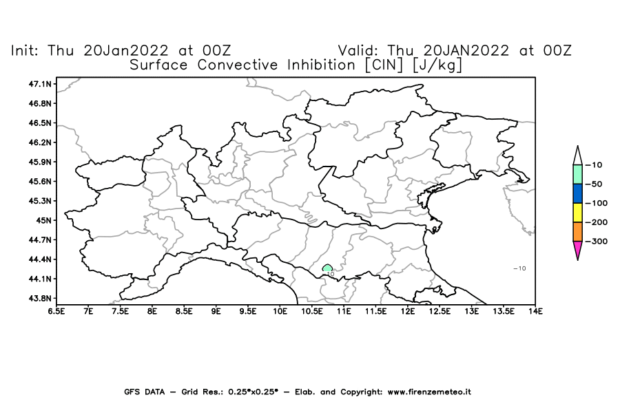 Mappa di analisi GFS - CIN [J/kg] in Nord-Italia
							del 20/01/2022 00 <!--googleoff: index-->UTC<!--googleon: index-->