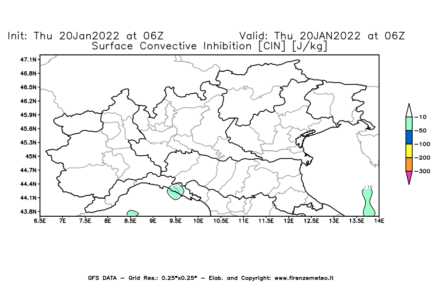Mappa di analisi GFS - CIN [J/kg] in Nord-Italia
							del 20/01/2022 06 <!--googleoff: index-->UTC<!--googleon: index-->
