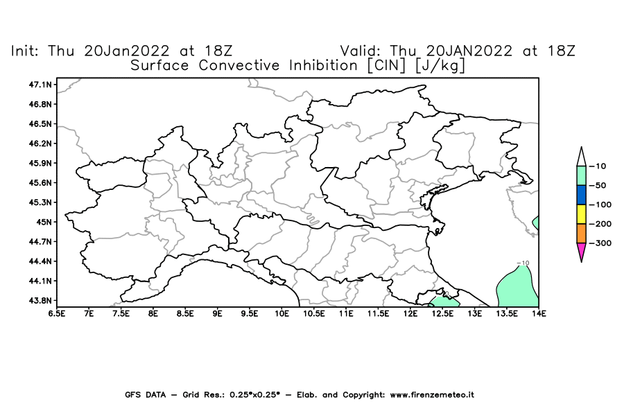 Mappa di analisi GFS - CIN [J/kg] in Nord-Italia
							del 20/01/2022 18 <!--googleoff: index-->UTC<!--googleon: index-->