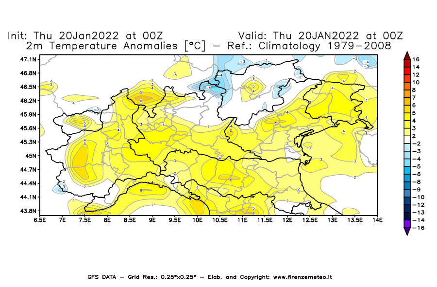 Mappa di analisi GFS - Anomalia Temperatura [°C] a 2 m in Nord-Italia
							del 20/01/2022 00 <!--googleoff: index-->UTC<!--googleon: index-->