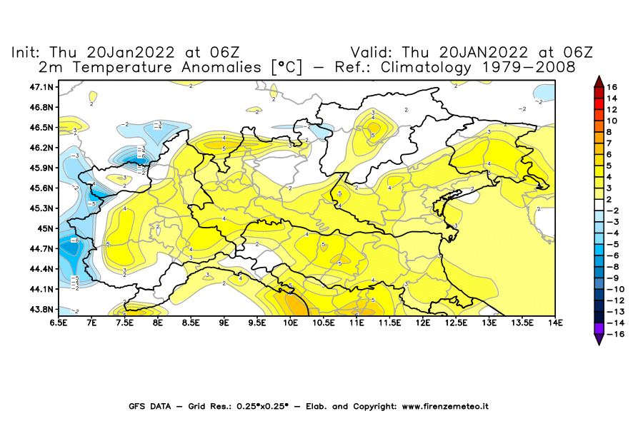 Mappa di analisi GFS - Anomalia Temperatura [°C] a 2 m in Nord-Italia
							del 20/01/2022 06 <!--googleoff: index-->UTC<!--googleon: index-->