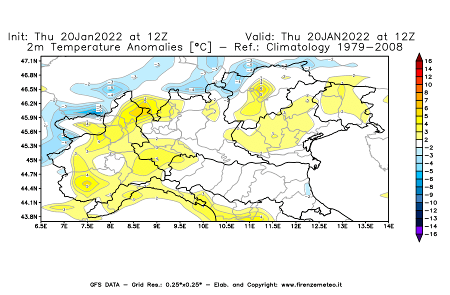 Mappa di analisi GFS - Anomalia Temperatura [°C] a 2 m in Nord-Italia
							del 20/01/2022 12 <!--googleoff: index-->UTC<!--googleon: index-->