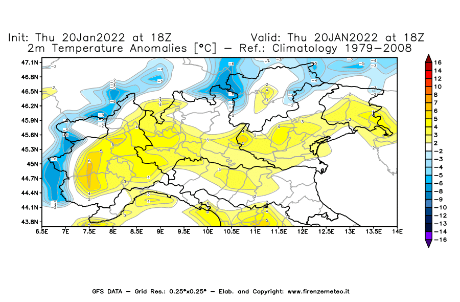 Mappa di analisi GFS - Anomalia Temperatura [°C] a 2 m in Nord-Italia
							del 20/01/2022 18 <!--googleoff: index-->UTC<!--googleon: index-->