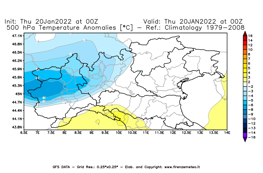 Mappa di analisi GFS - Anomalia Temperatura [°C] a 500 hPa in Nord-Italia
							del 20/01/2022 00 <!--googleoff: index-->UTC<!--googleon: index-->