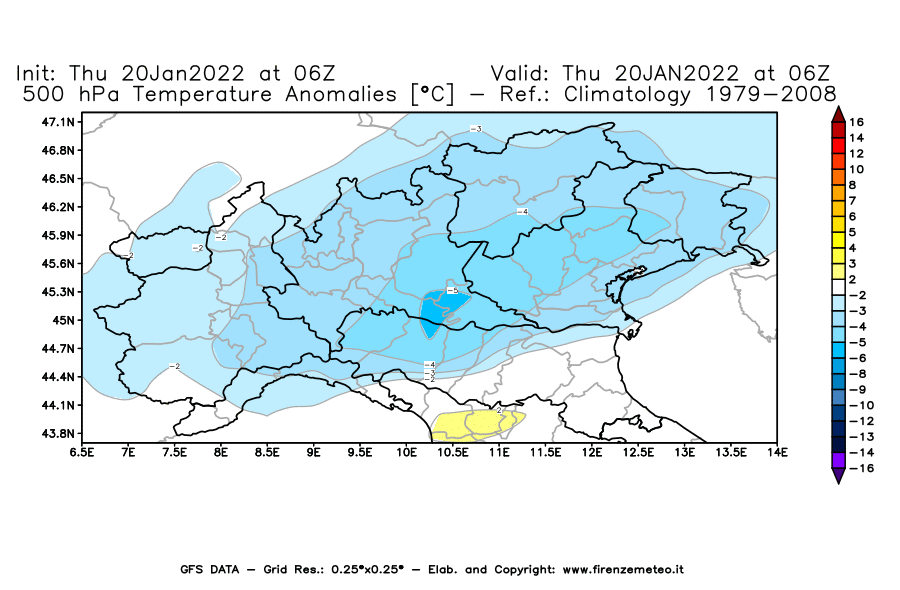 Mappa di analisi GFS - Anomalia Temperatura [°C] a 500 hPa in Nord-Italia
							del 20/01/2022 06 <!--googleoff: index-->UTC<!--googleon: index-->