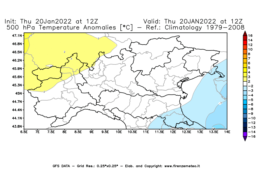Mappa di analisi GFS - Anomalia Temperatura [°C] a 500 hPa in Nord-Italia
							del 20/01/2022 12 <!--googleoff: index-->UTC<!--googleon: index-->