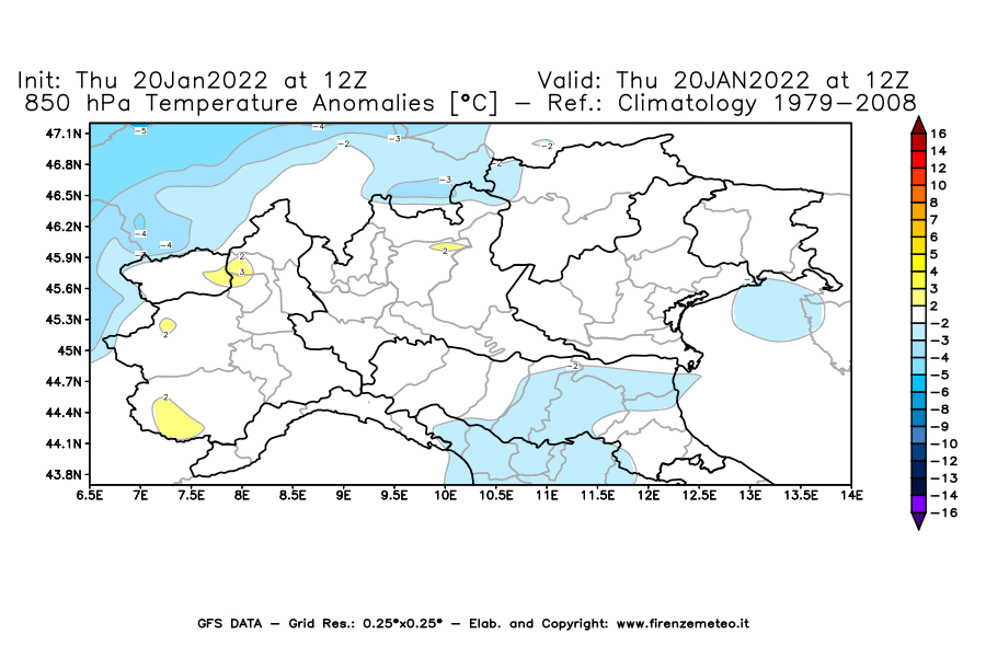 Mappa di analisi GFS - Anomalia Temperatura [°C] a 850 hPa in Nord-Italia
							del 20/01/2022 12 <!--googleoff: index-->UTC<!--googleon: index-->