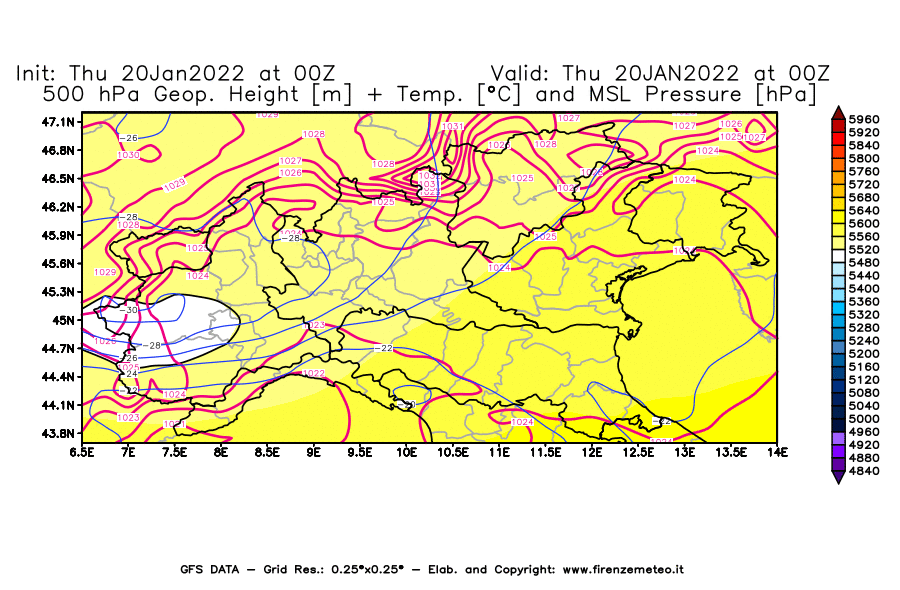 Mappa di analisi GFS - Geopotenziale [m] + Temp. [°C] a 500 hPa + Press. a livello del mare [hPa] in Nord-Italia
							del 20/01/2022 00 <!--googleoff: index-->UTC<!--googleon: index-->