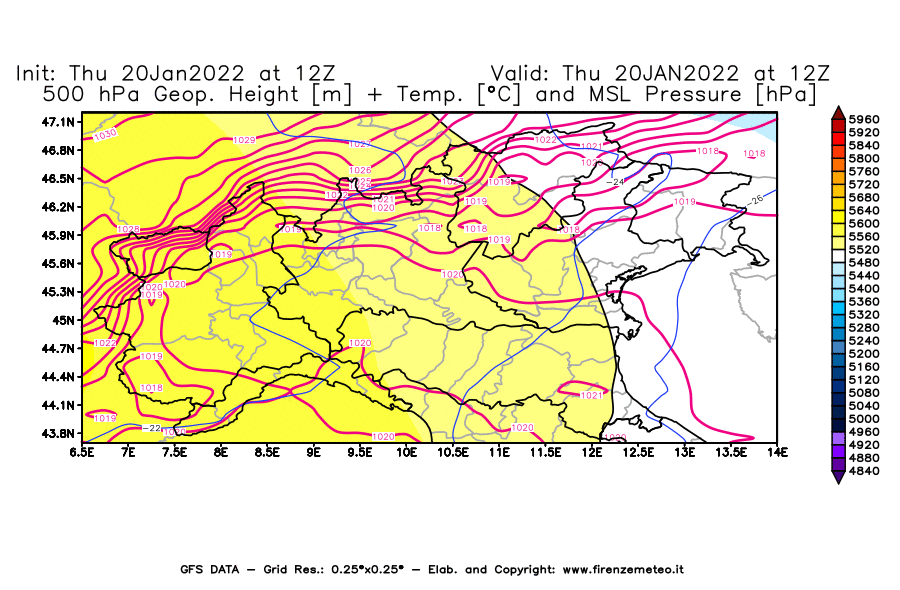 Mappa di analisi GFS - Geopotenziale [m] + Temp. [°C] a 500 hPa + Press. a livello del mare [hPa] in Nord-Italia
							del 20/01/2022 12 <!--googleoff: index-->UTC<!--googleon: index-->