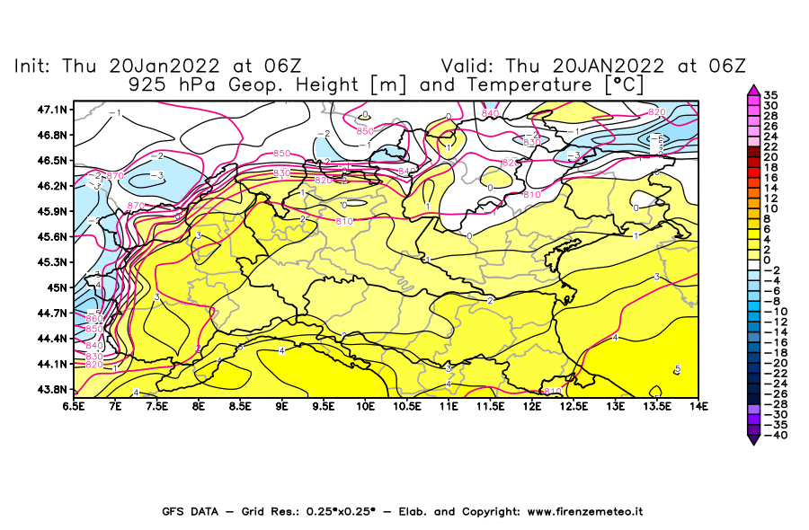 Mappa di analisi GFS - Geopotenziale [m] e Temperatura [°C] a 925 hPa in Nord-Italia
							del 20/01/2022 06 <!--googleoff: index-->UTC<!--googleon: index-->