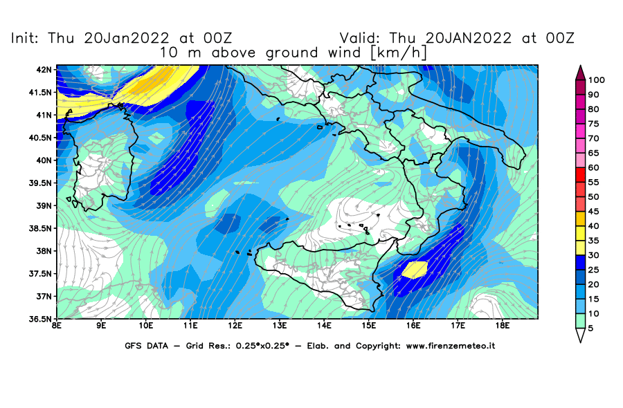 Mappa di analisi GFS - Velocità del vento a 10 metri dal suolo [km/h] in Sud-Italia
							del 20/01/2022 00 <!--googleoff: index-->UTC<!--googleon: index-->