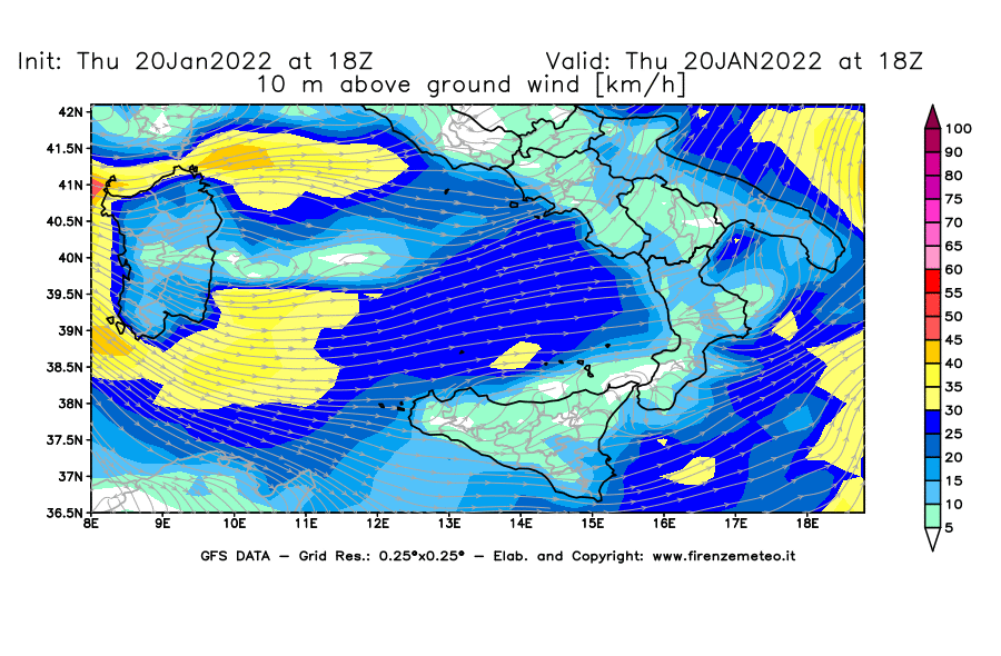 Mappa di analisi GFS - Velocità del vento a 10 metri dal suolo [km/h] in Sud-Italia
							del 20/01/2022 18 <!--googleoff: index-->UTC<!--googleon: index-->