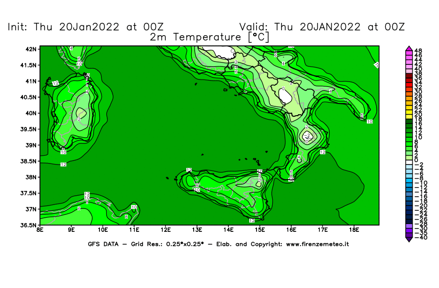 Mappa di analisi GFS - Temperatura a 2 metri dal suolo [°C] in Sud-Italia
							del 20/01/2022 00 <!--googleoff: index-->UTC<!--googleon: index-->