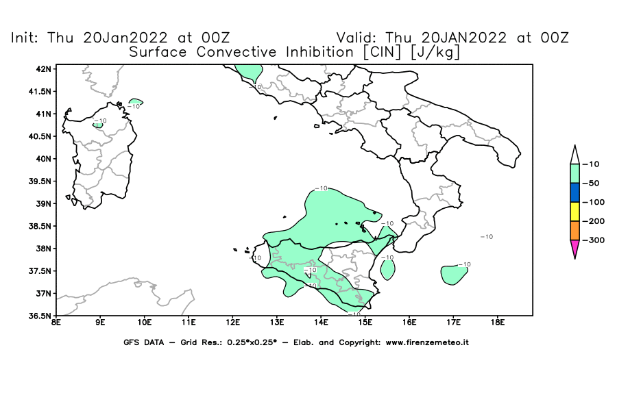 Mappa di analisi GFS - CIN [J/kg] in Sud-Italia
							del 20/01/2022 00 <!--googleoff: index-->UTC<!--googleon: index-->