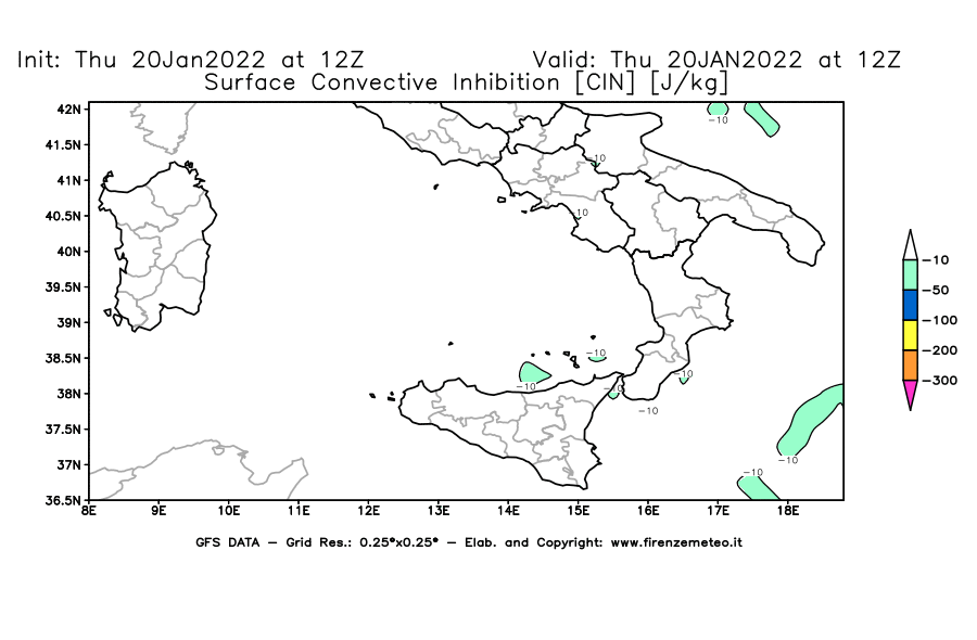 Mappa di analisi GFS - CIN [J/kg] in Sud-Italia
							del 20/01/2022 12 <!--googleoff: index-->UTC<!--googleon: index-->