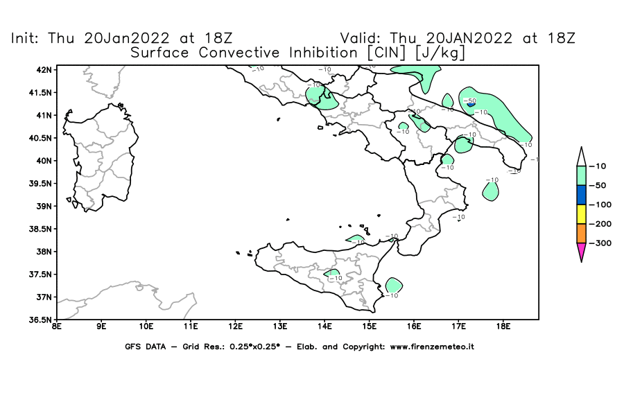 Mappa di analisi GFS - CIN [J/kg] in Sud-Italia
							del 20/01/2022 18 <!--googleoff: index-->UTC<!--googleon: index-->