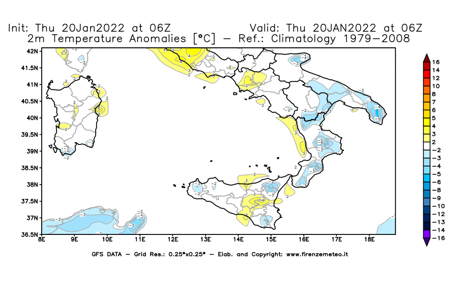 Mappa di analisi GFS - Anomalia Temperatura [°C] a 2 m in Sud-Italia
							del 20/01/2022 06 <!--googleoff: index-->UTC<!--googleon: index-->