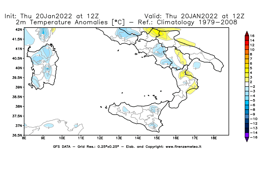 Mappa di analisi GFS - Anomalia Temperatura [°C] a 2 m in Sud-Italia
							del 20/01/2022 12 <!--googleoff: index-->UTC<!--googleon: index-->