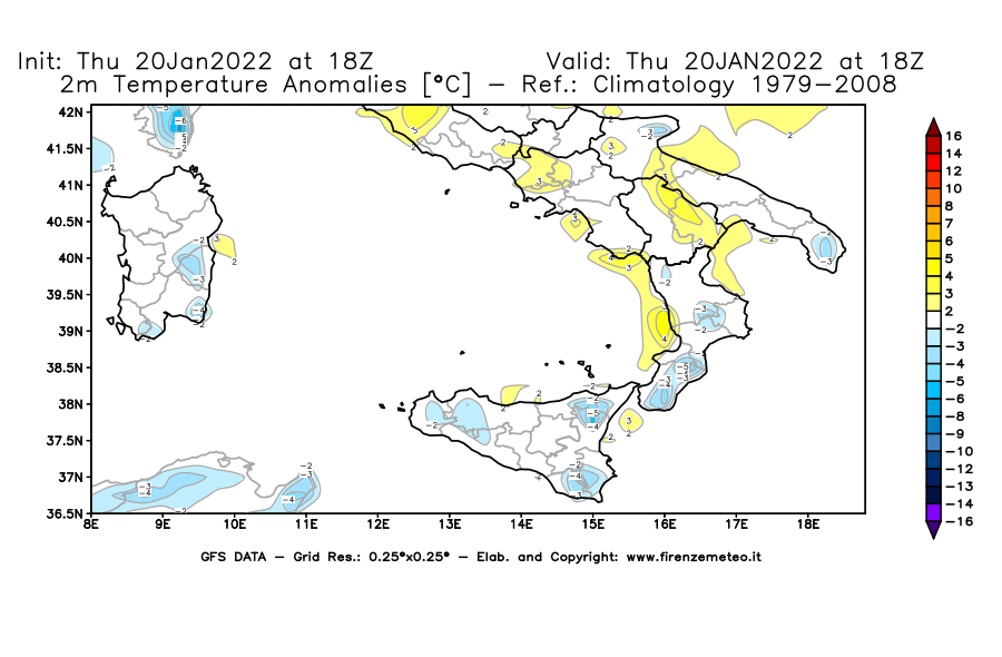 Mappa di analisi GFS - Anomalia Temperatura [°C] a 2 m in Sud-Italia
							del 20/01/2022 18 <!--googleoff: index-->UTC<!--googleon: index-->