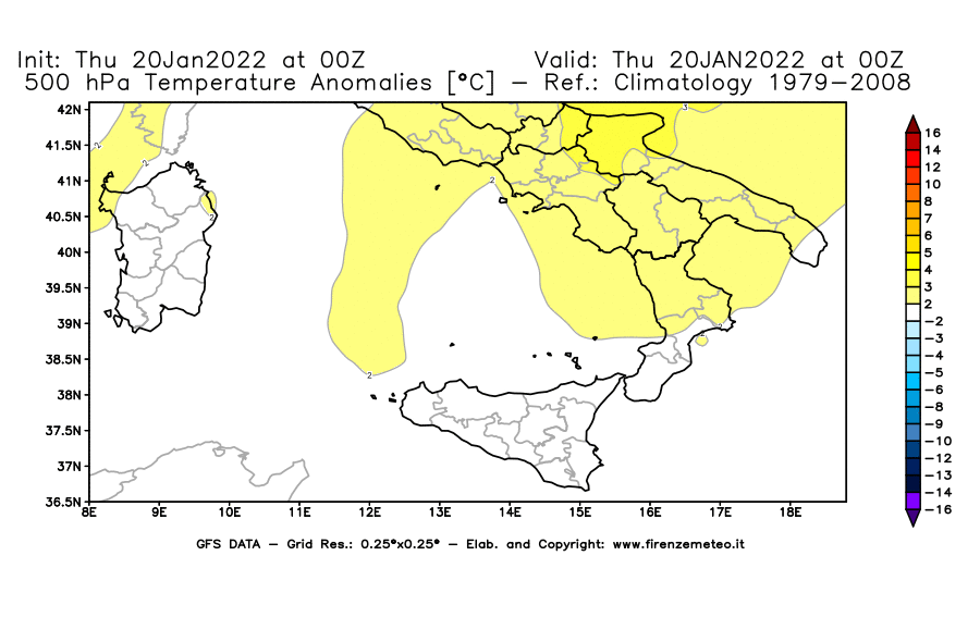 Mappa di analisi GFS - Anomalia Temperatura [°C] a 500 hPa in Sud-Italia
							del 20/01/2022 00 <!--googleoff: index-->UTC<!--googleon: index-->