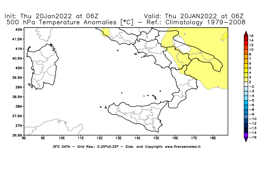 Mappa di analisi GFS - Anomalia Temperatura [°C] a 500 hPa in Sud-Italia
							del 20/01/2022 06 <!--googleoff: index-->UTC<!--googleon: index-->