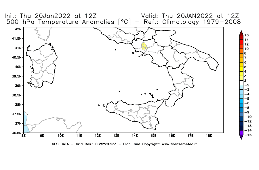 Mappa di analisi GFS - Anomalia Temperatura [°C] a 500 hPa in Sud-Italia
							del 20/01/2022 12 <!--googleoff: index-->UTC<!--googleon: index-->