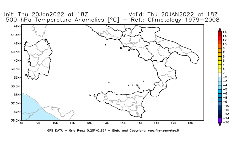 Mappa di analisi GFS - Anomalia Temperatura [°C] a 500 hPa in Sud-Italia
							del 20/01/2022 18 <!--googleoff: index-->UTC<!--googleon: index-->