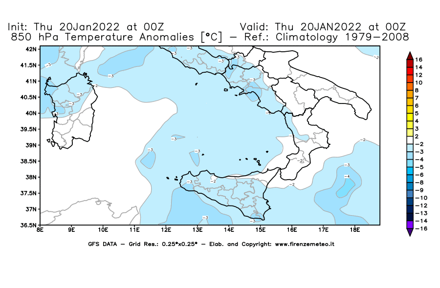 Mappa di analisi GFS - Anomalia Temperatura [°C] a 850 hPa in Sud-Italia
							del 20/01/2022 00 <!--googleoff: index-->UTC<!--googleon: index-->