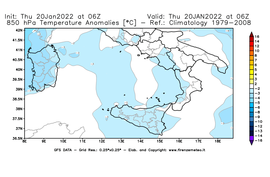 Mappa di analisi GFS - Anomalia Temperatura [°C] a 850 hPa in Sud-Italia
							del 20/01/2022 06 <!--googleoff: index-->UTC<!--googleon: index-->