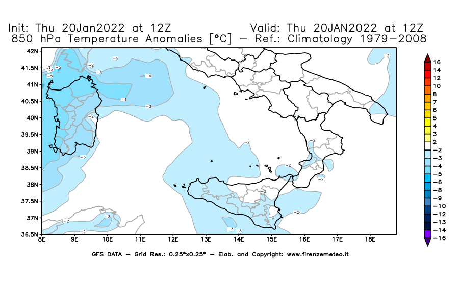 Mappa di analisi GFS - Anomalia Temperatura [°C] a 850 hPa in Sud-Italia
							del 20/01/2022 12 <!--googleoff: index-->UTC<!--googleon: index-->